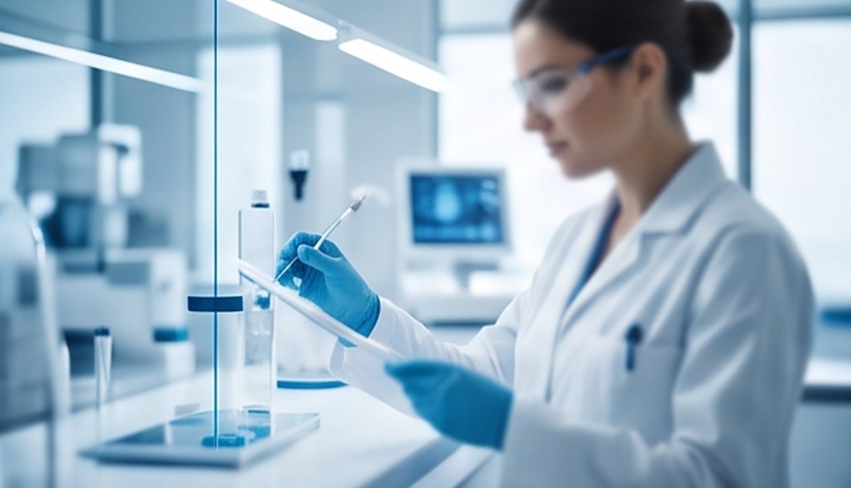 Profesional con bata y guantes revisando una muestra en un laboratorio