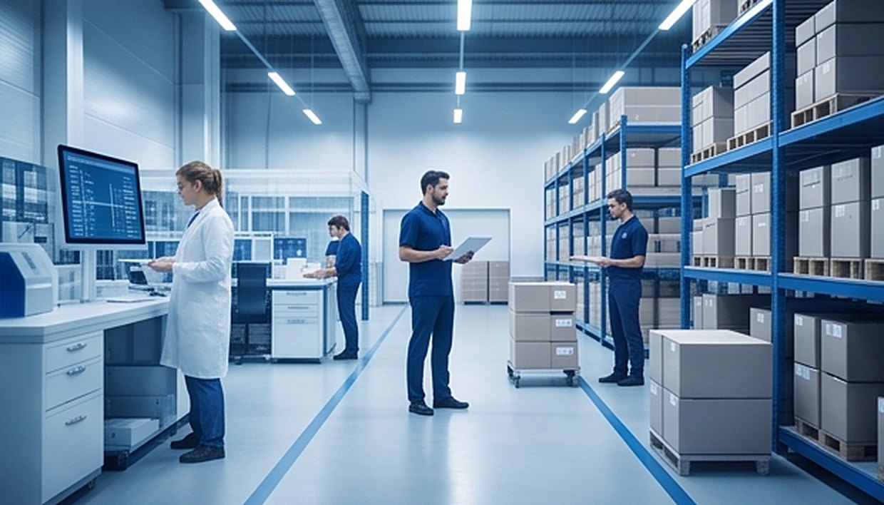 Centro de distribución organizado con personal coordinando la preparación de envíos