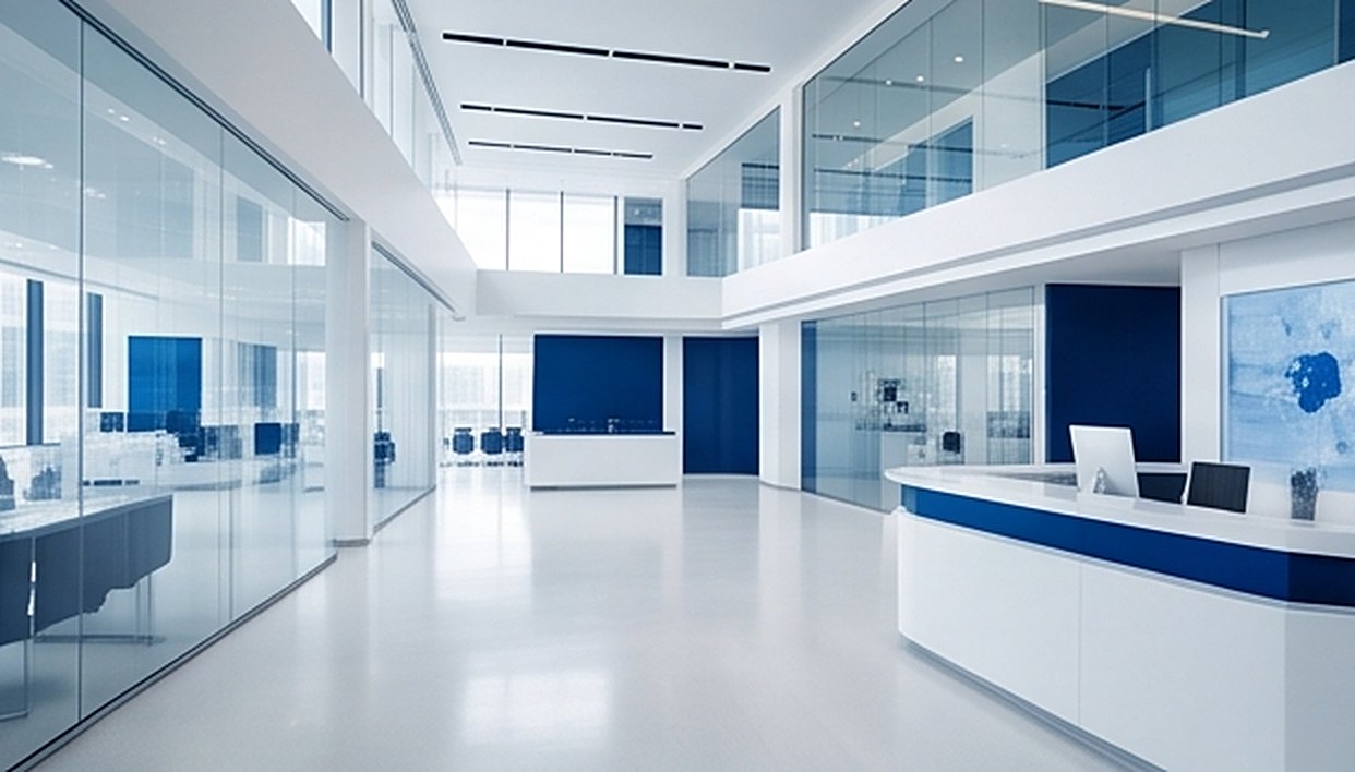 Recepción corporativa amplia, iluminada y con acabados en blanco y azul