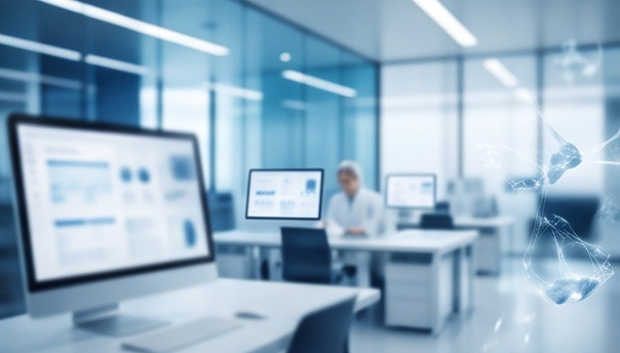 Profesional trabajando en una oficina técnica con monitores